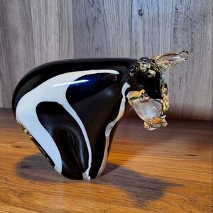 Vintage Fifth Avenue Hand Crafted Crystal Bull Cow Steer Retro Black & White